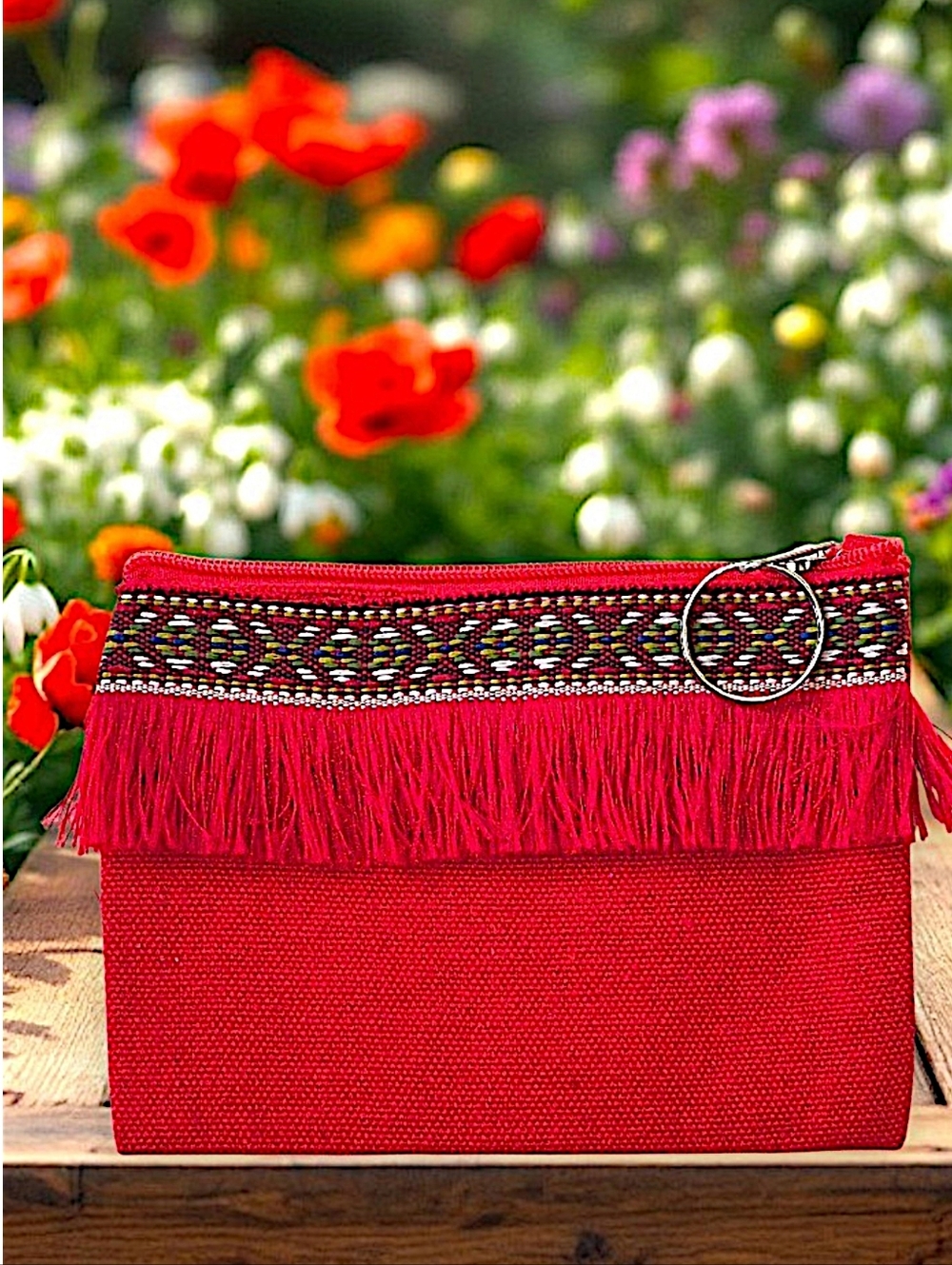 Embroidered Fringe Zippered Clutch with Key Ring - Red